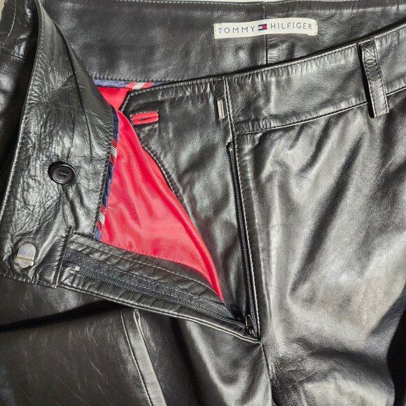 Tommy Hilfiger Vintage Leather Pants Womens 10 Black Lined Y2K Straight Leg - Picture 10 of 16